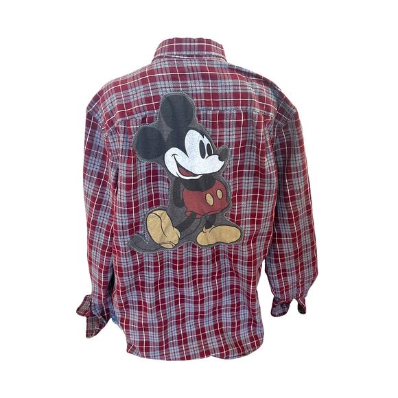 Mickey Mouse Flannel Plaid Shirt Shacket XL Red Oversize Unique Upcycled Disney - Picture 1 of 6